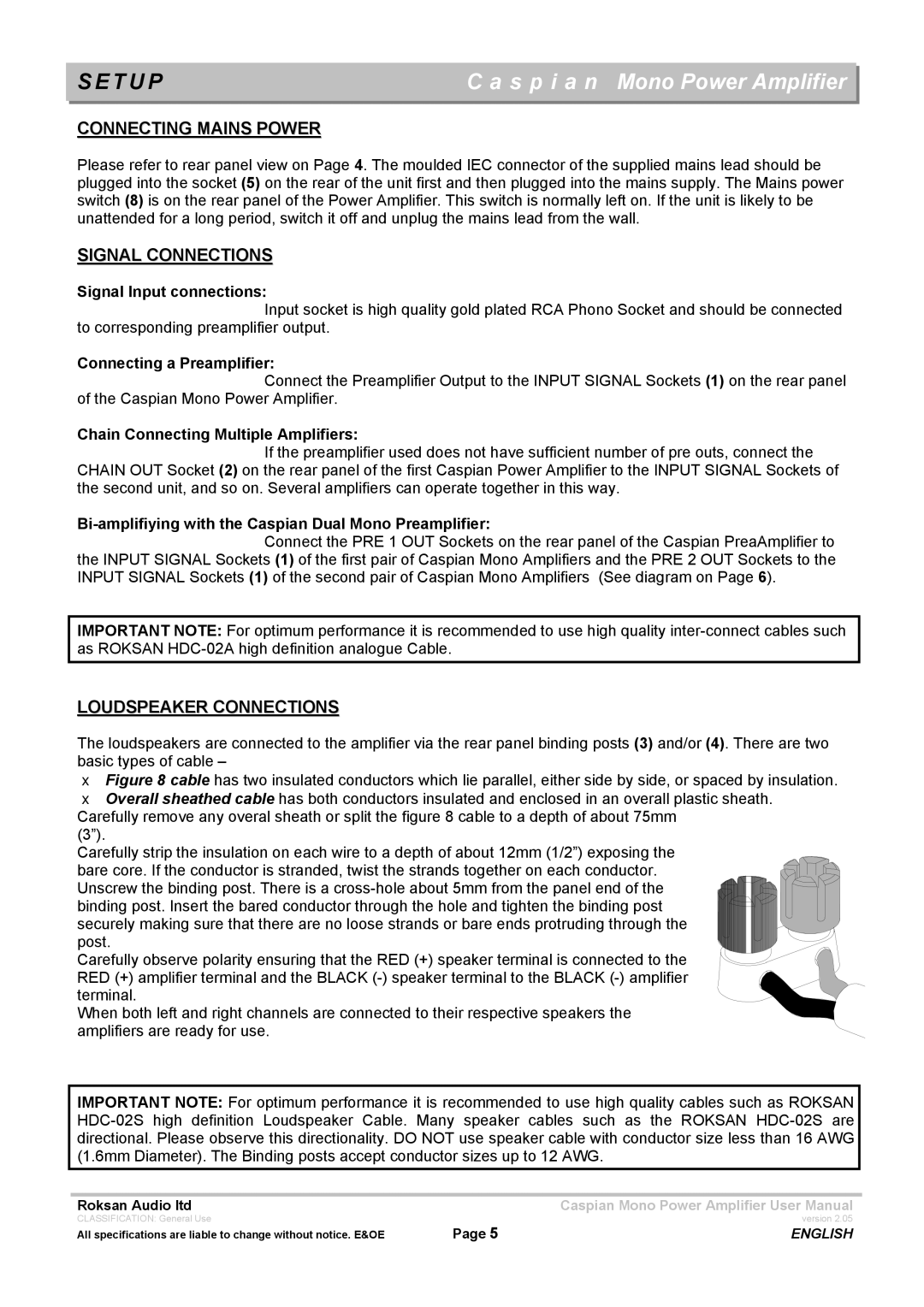 Roksan Audio M series 1 user manual T U P, Connecting Mains Power, Signal Connections, Loudspeaker Connections 