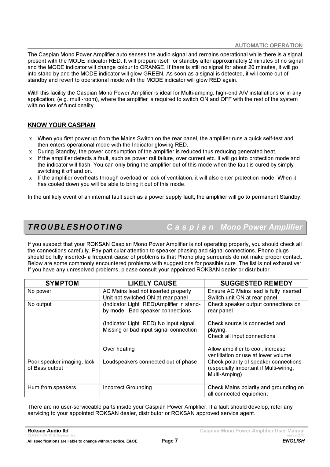 Roksan Audio M series 1 user manual Troubleshooting, Know Your Caspian 