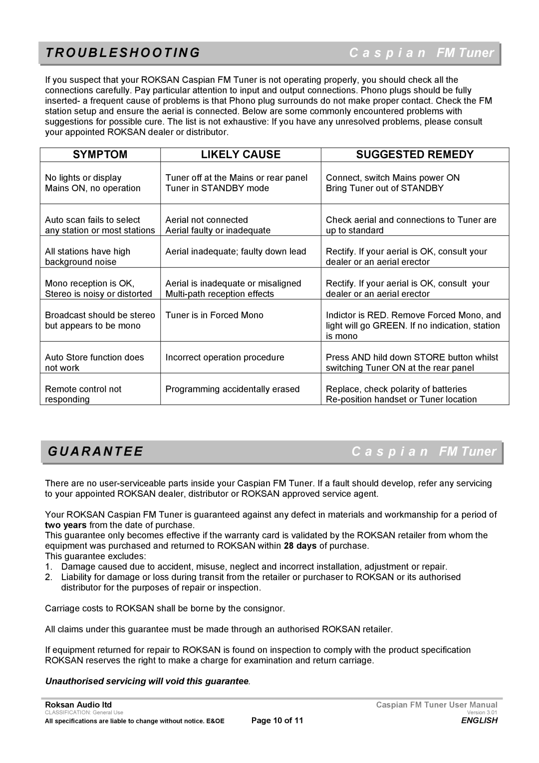 Roksan Audio M Series-1 user manual Troubleshooting, Guarantee 