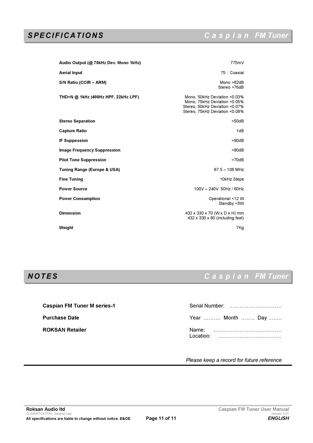 Roksan Audio M Series-1 user manual Specification S, Caspian FM Tuner M series-1, Purchase Date, Roksan Retailer 