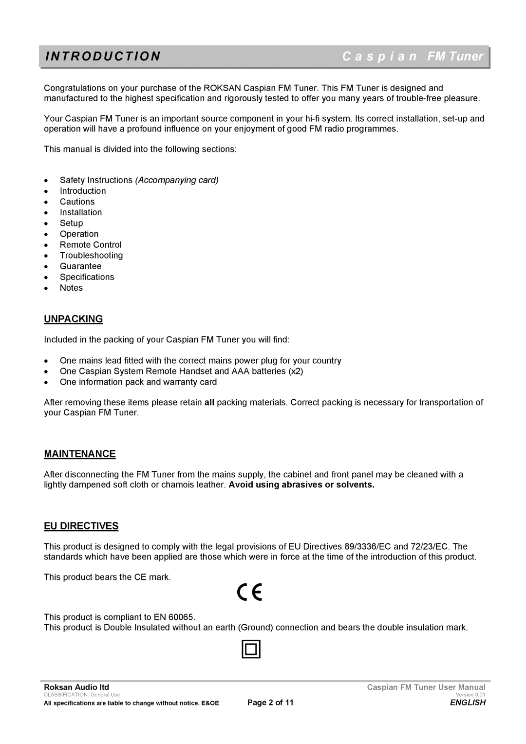 Roksan Audio M Series-1 user manual T R O D U C T I O N, Unpacking, Maintenance, EU Directives 