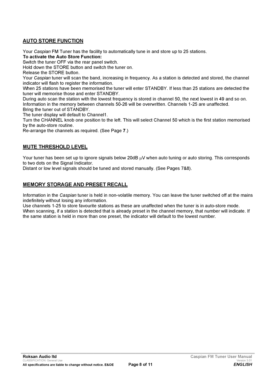 Roksan Audio M Series-1 user manual Auto Store Function, Mute Threshold Level, Memory Storage and Preset Recall 