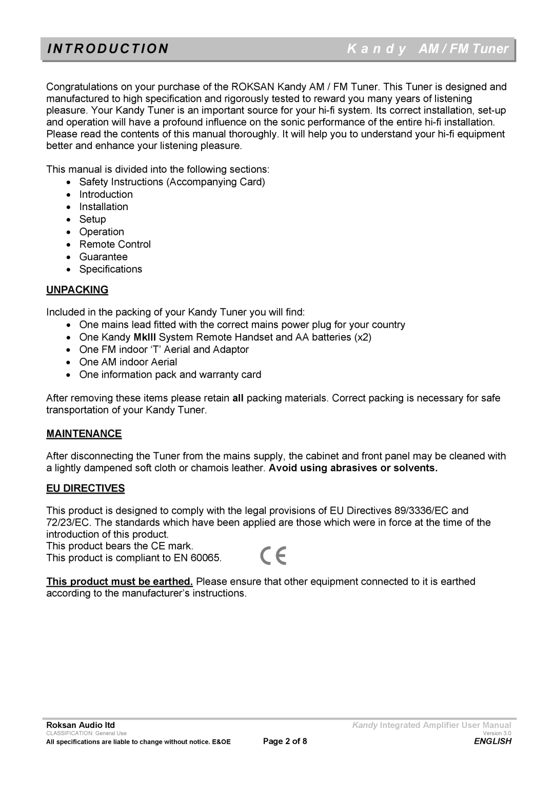 Roksan Audio MK III user manual T R O D U C T I O N, N d y AM / FM Tuner, Unpacking, Maintenance, EU Directives 