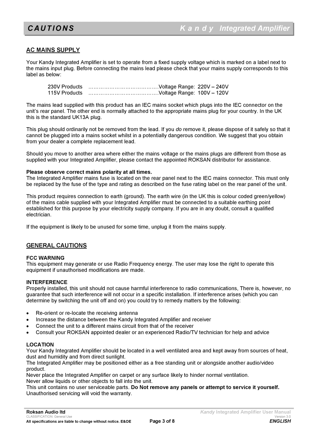 Roksan Audio MK III user manual U T I O N S, N d y Integrated Amplifier, AC Mains Supply, General Cautions 
