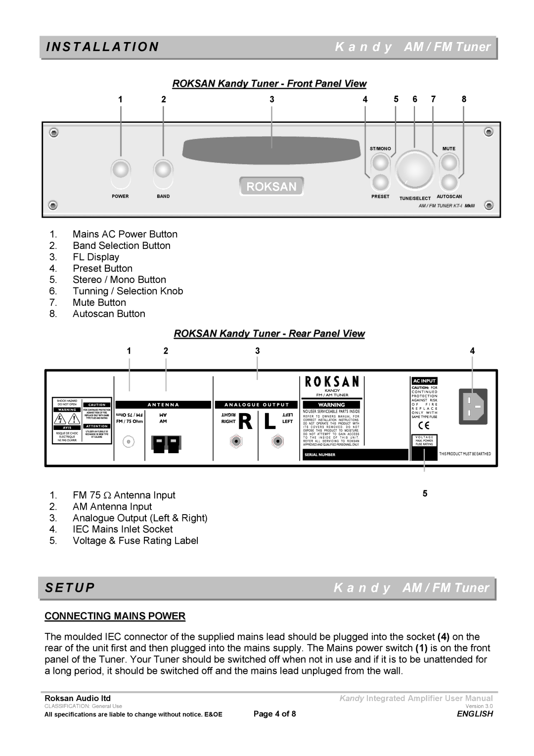 Roksan Audio MK III user manual Setup, FM 75 Ω Antenna Input, Connecting Mains Power 