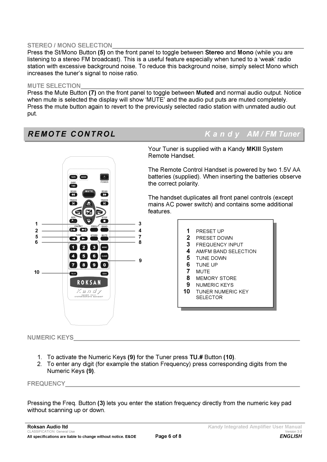 Roksan Audio MK III user manual Remote Control, Stereo / Mono Selection, Mute Selection, Numeric Keys, Frequency 