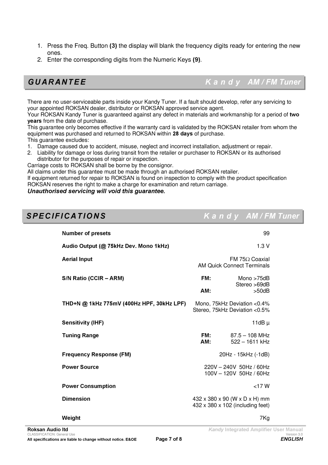 Roksan Audio MK III user manual Guarantee, Specification S 