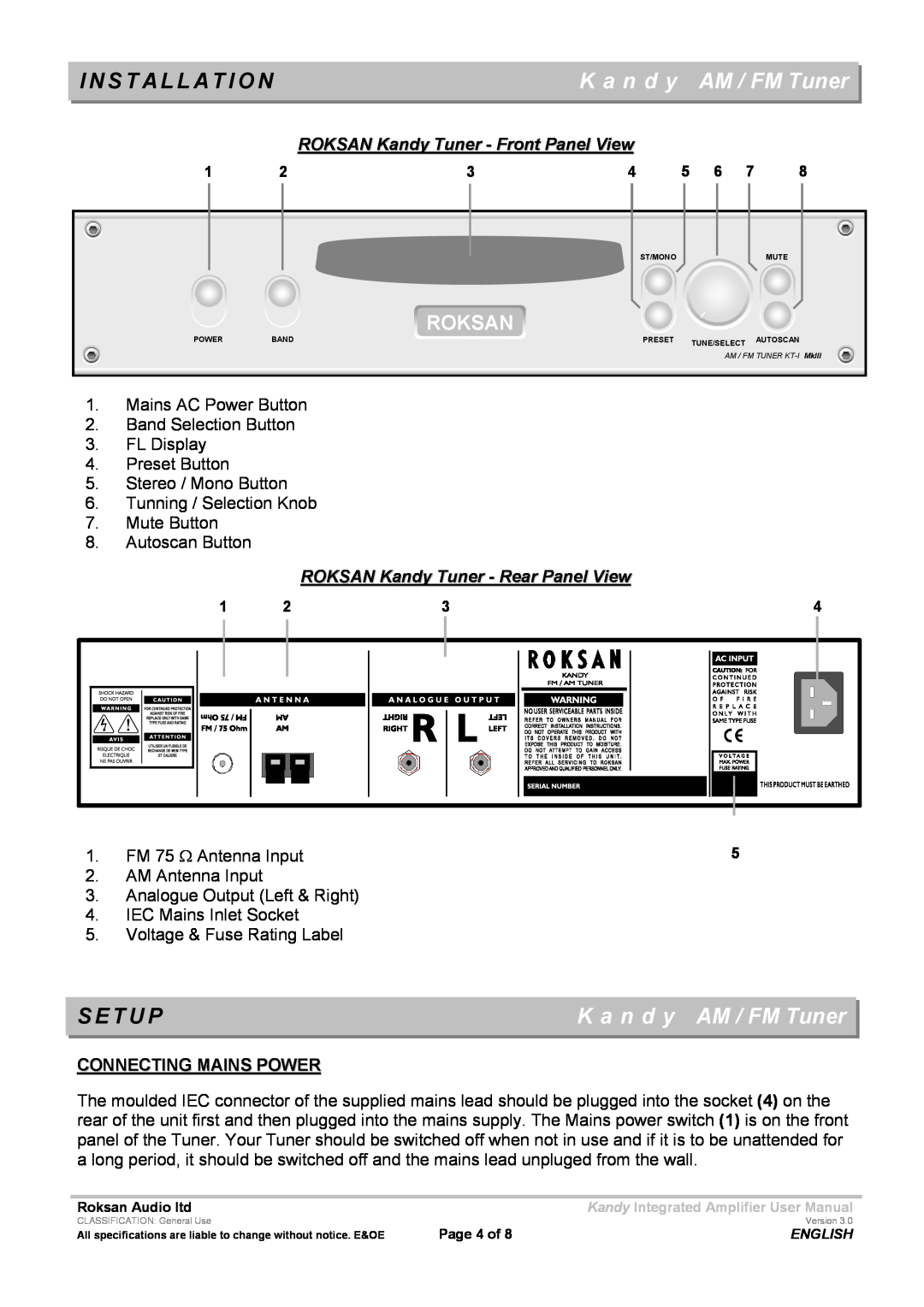 Roksan Audio MK III user manual Setup, ROKSAN Kandy Tuner - Front Panel View, ROKSAN Kandy Tuner - Rear Panel View, Roksan 