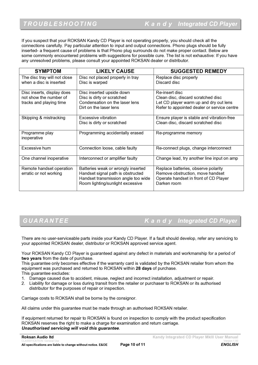 Roksan Audio MK111 user manual Troubleshooting, Guarantee 