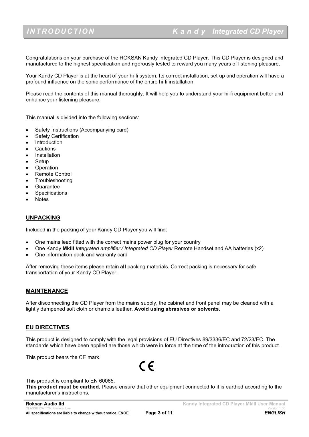 Roksan Audio MK111 user manual Introduction, Unpacking, Maintenance, EU Directives 