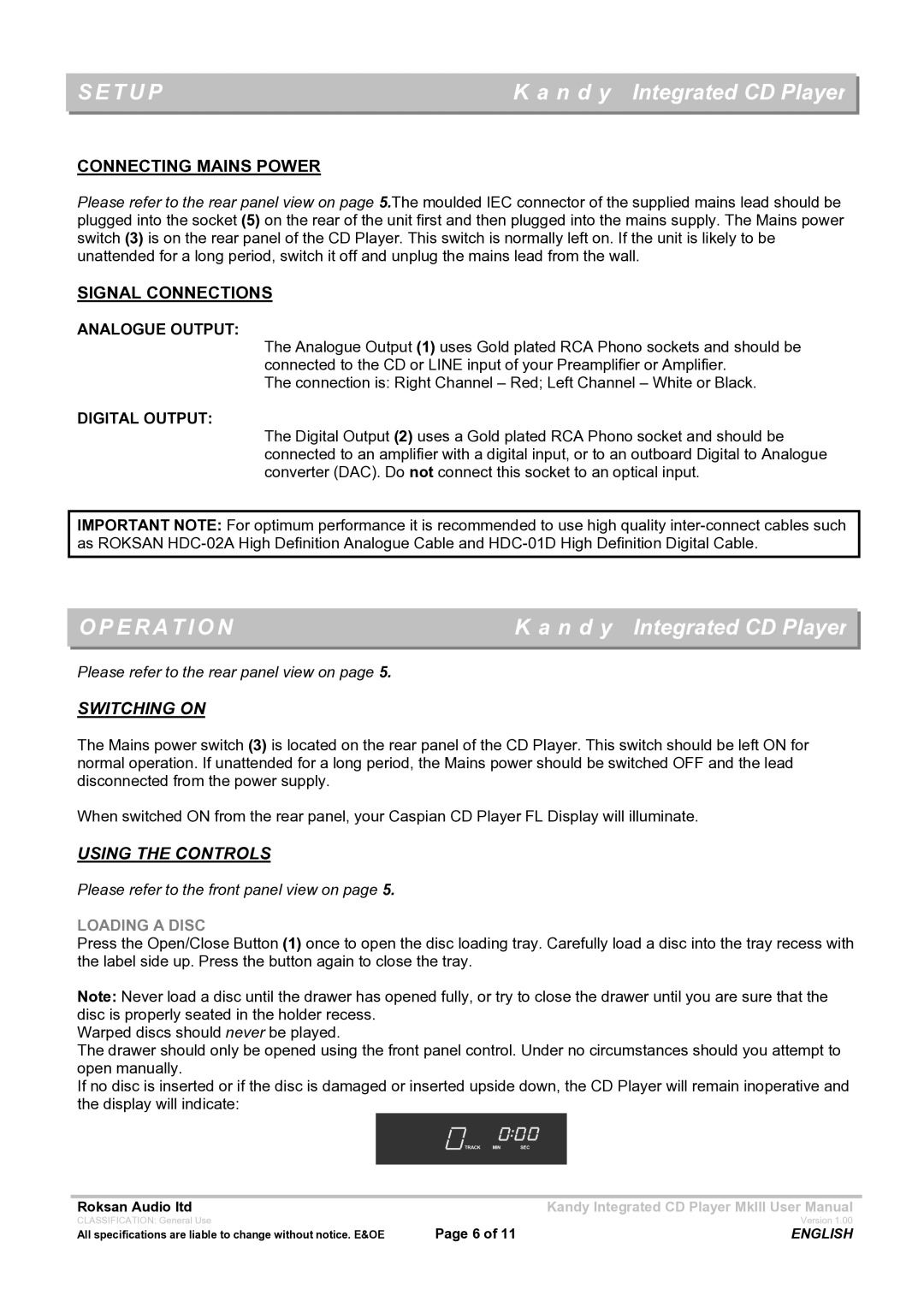 Roksan Audio MK111 user manual Setup, Operation, Connecting Mains Power, Signal Connections 