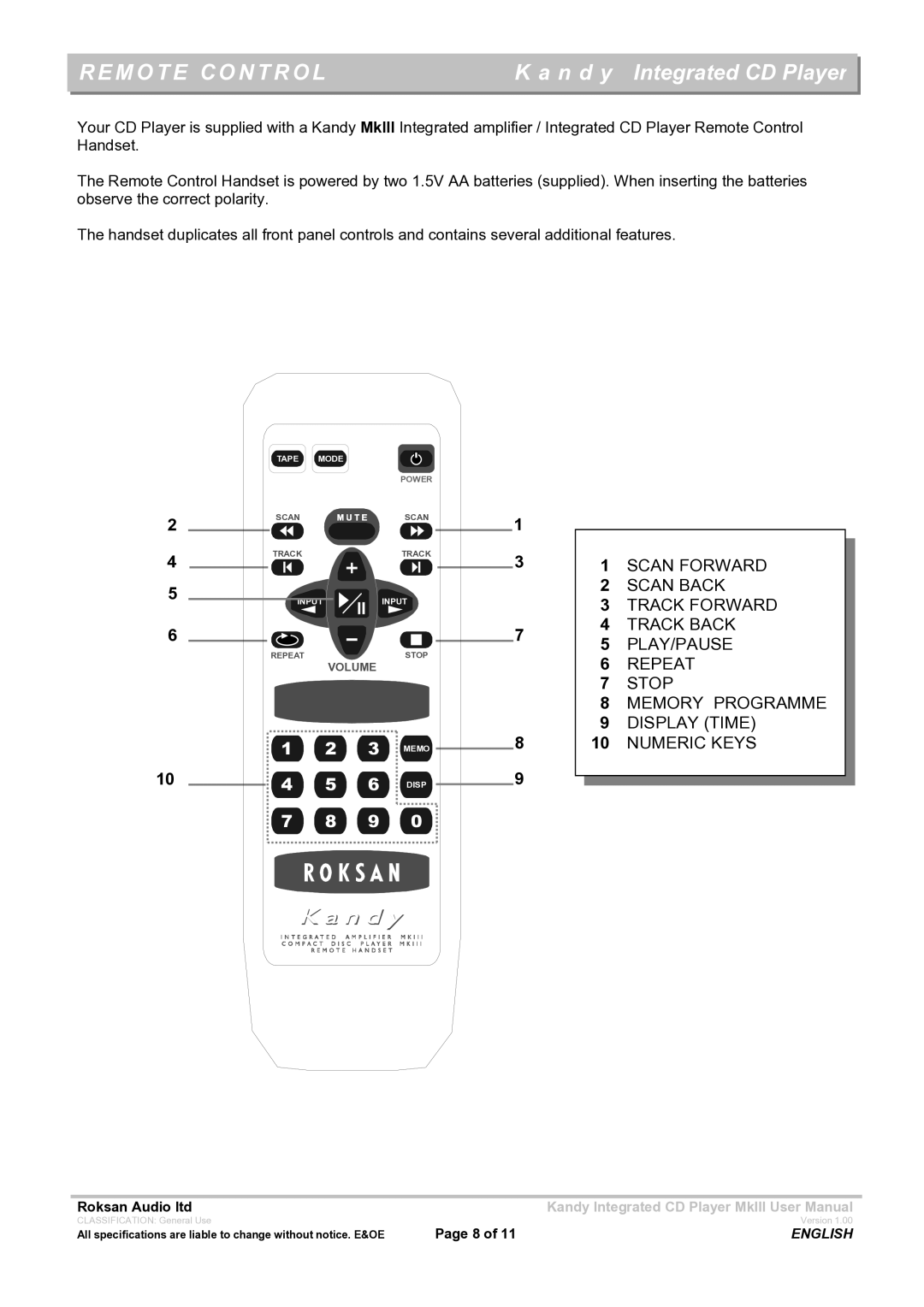 Roksan Audio MK111 user manual Remote Control 