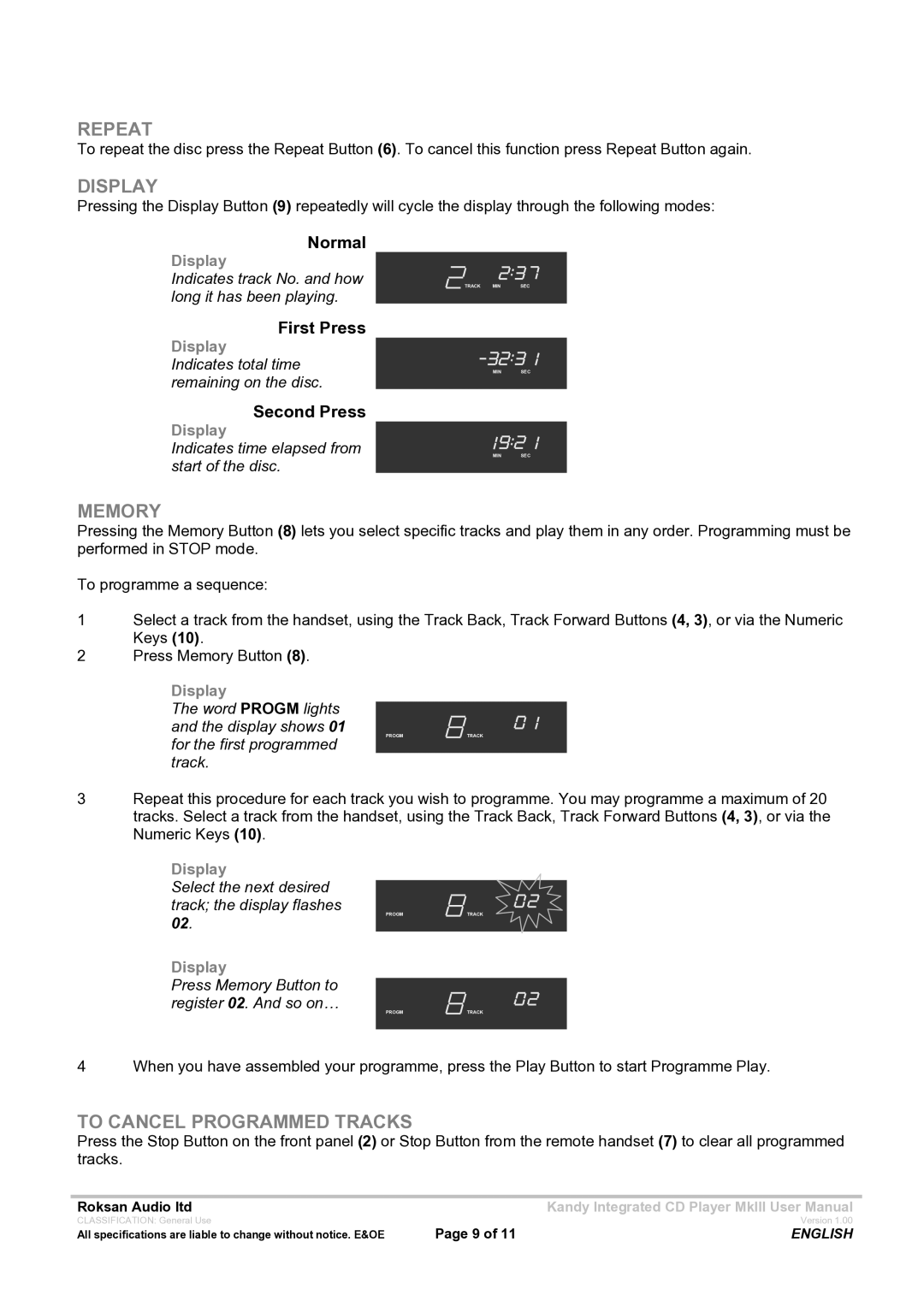 Roksan Audio MK111 user manual Repeat 