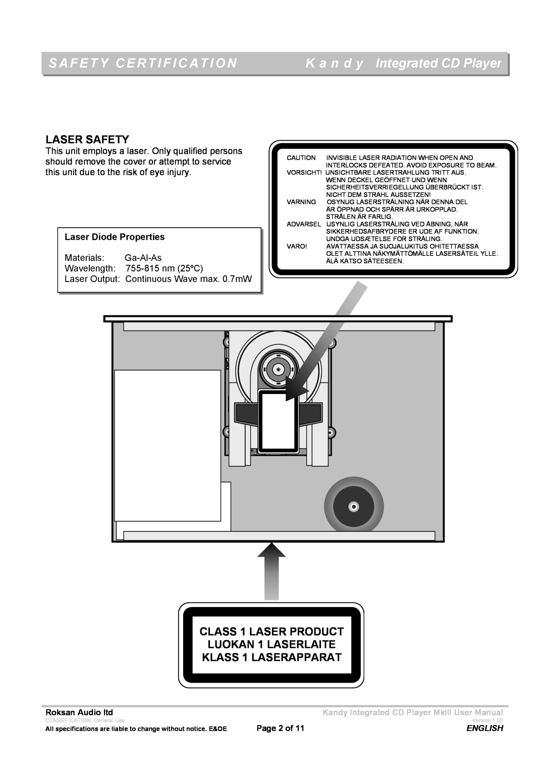 Roksan Audio MK111 Safety Certification, K a n d y Integrated CD Player, Laser Safety, KLASS 1 LASERAPPARAT, Page 2 of 