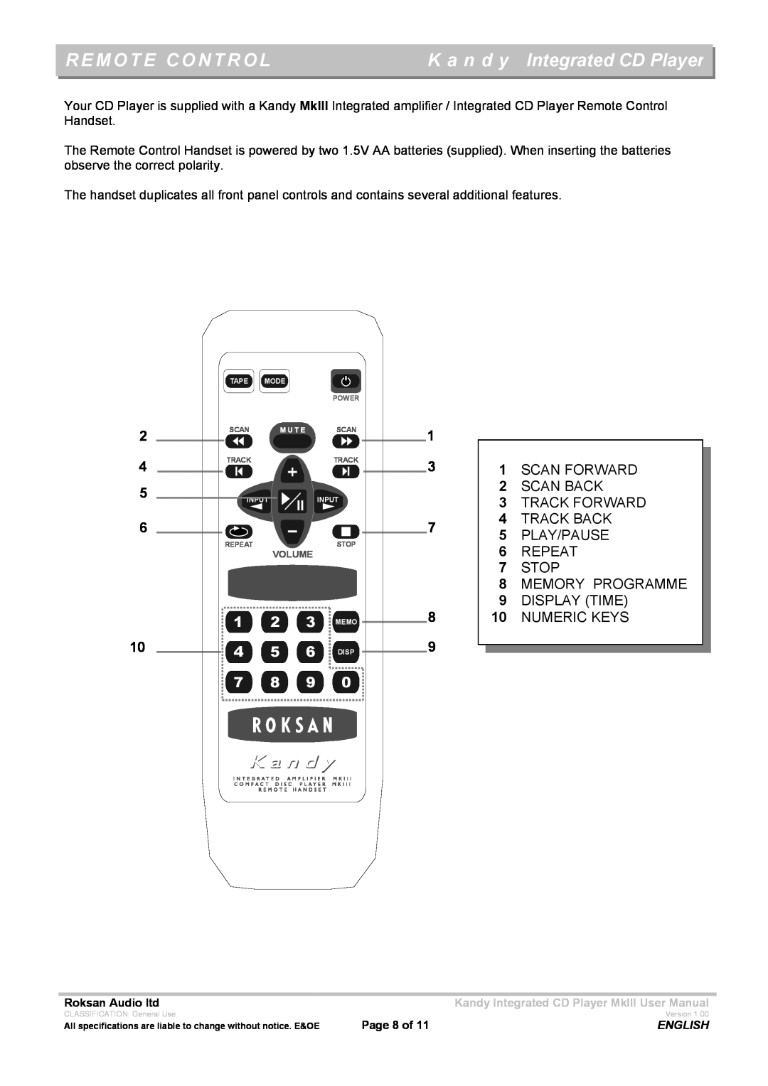 Roksan Audio MK111 user manual Remote Control, K a n d y Integrated CD Player 
