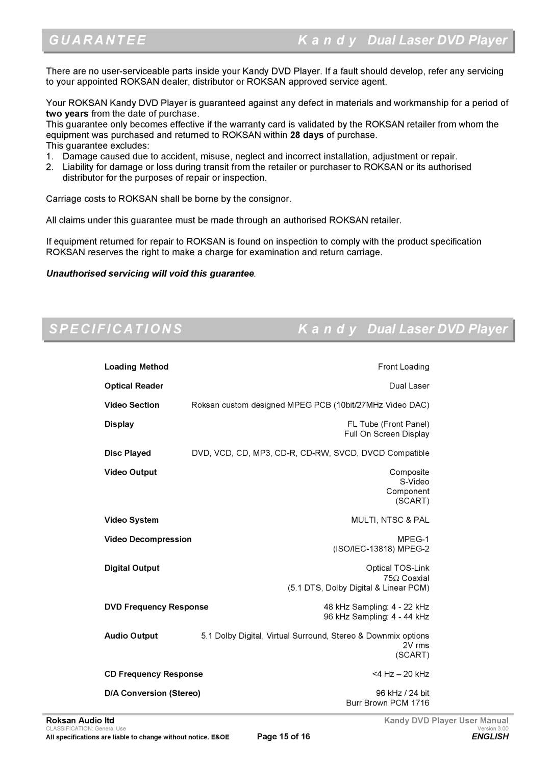 Roksan Audio MkIII user manual Guarantee, Specifications 