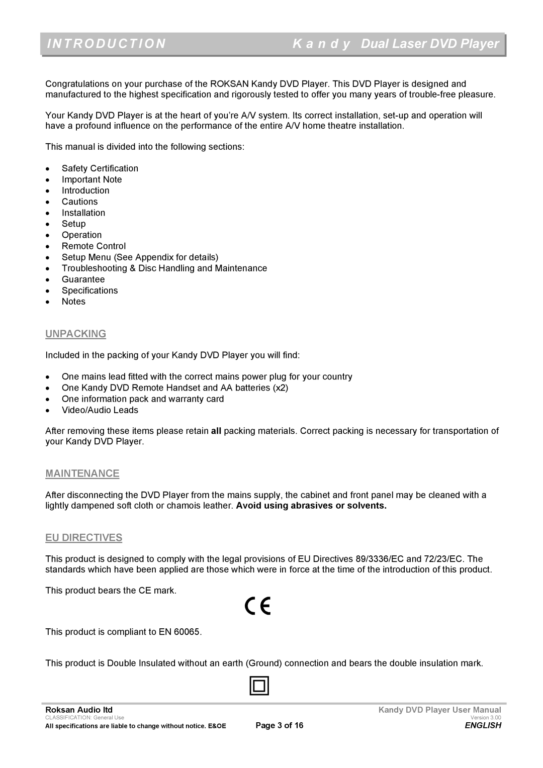 Roksan Audio MkIII user manual Introduction, Unpacking 