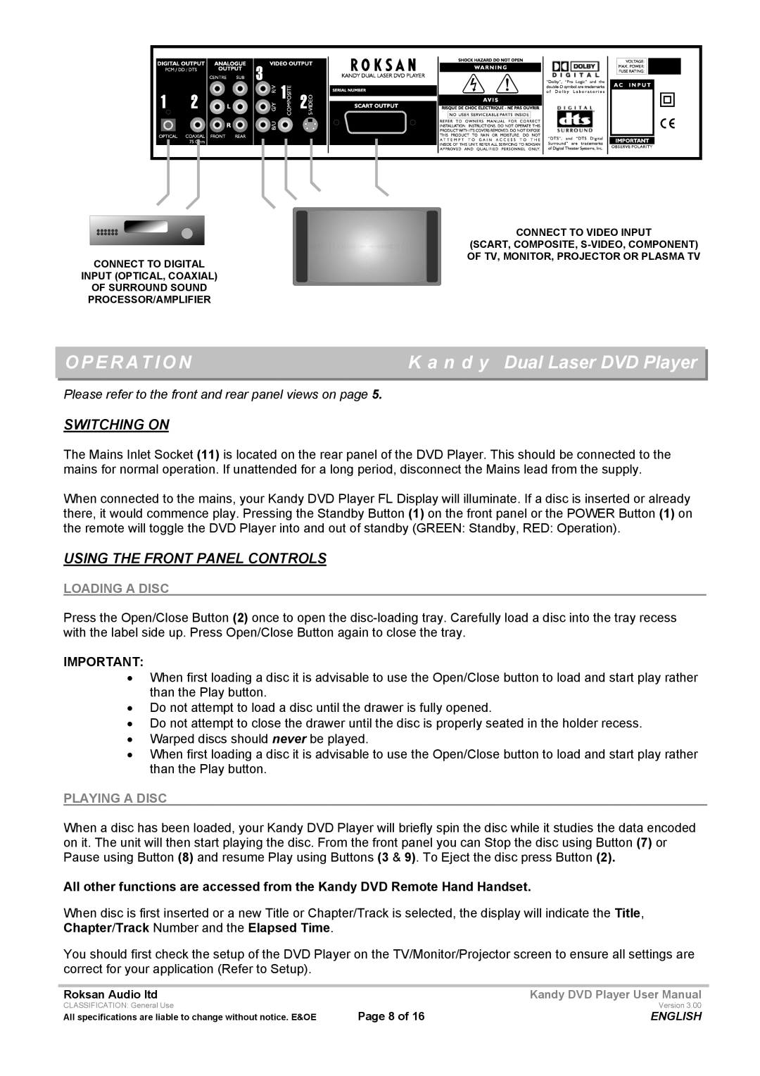 Roksan Audio MkIII user manual Operation, Switching on 