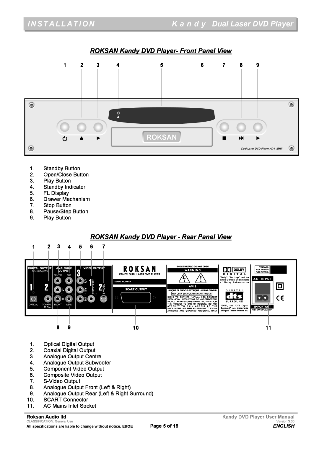 Roksan Audio MkIII Installation, K a n d y Dual Laser DVD Player, Roksan, ROKSAN Kandy DVD Player- Front Panel View 