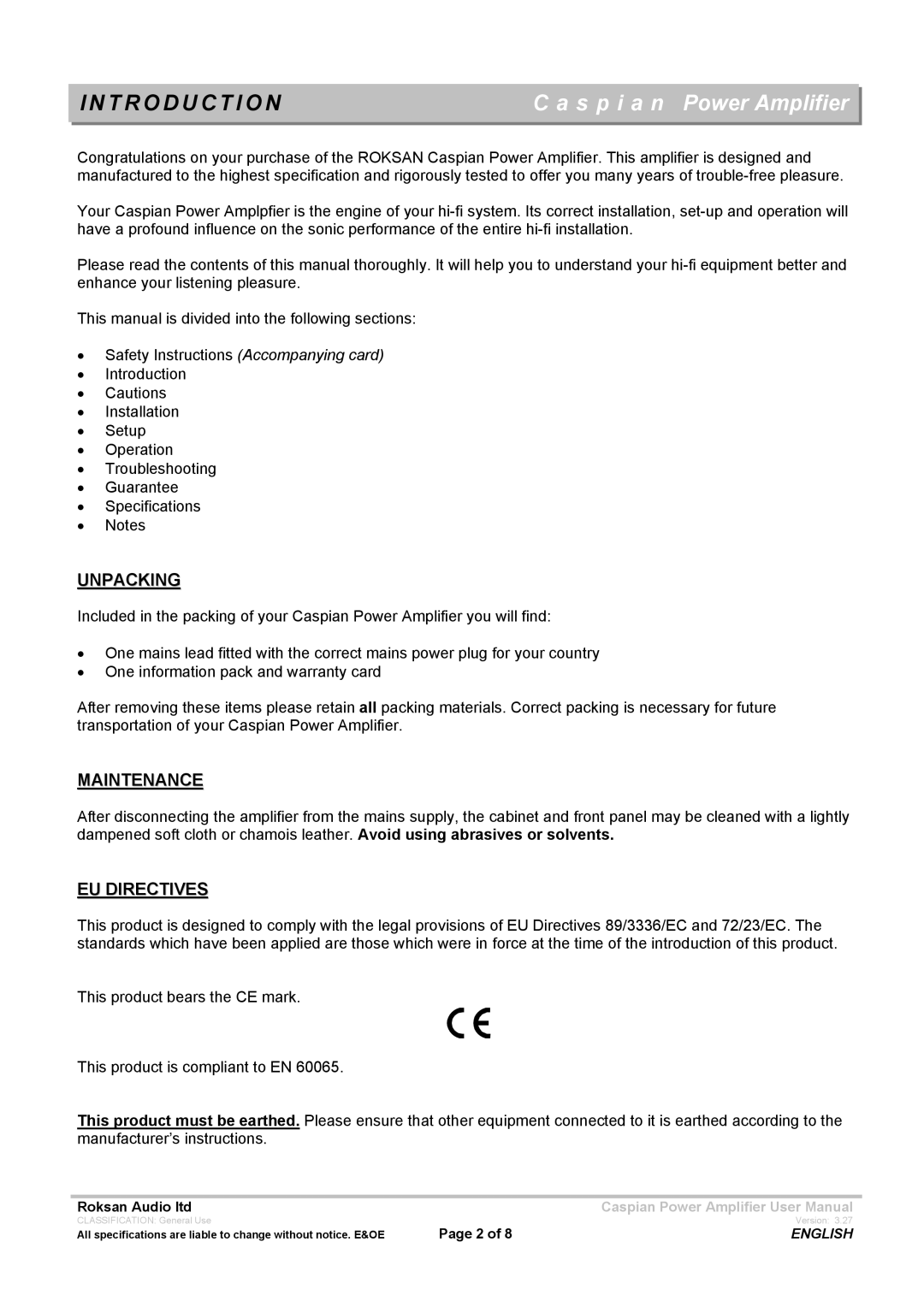 Roksan Audio Mseries-1 user manual T R O D U C T I O N, Unpacking, Maintenance, EU Directives 