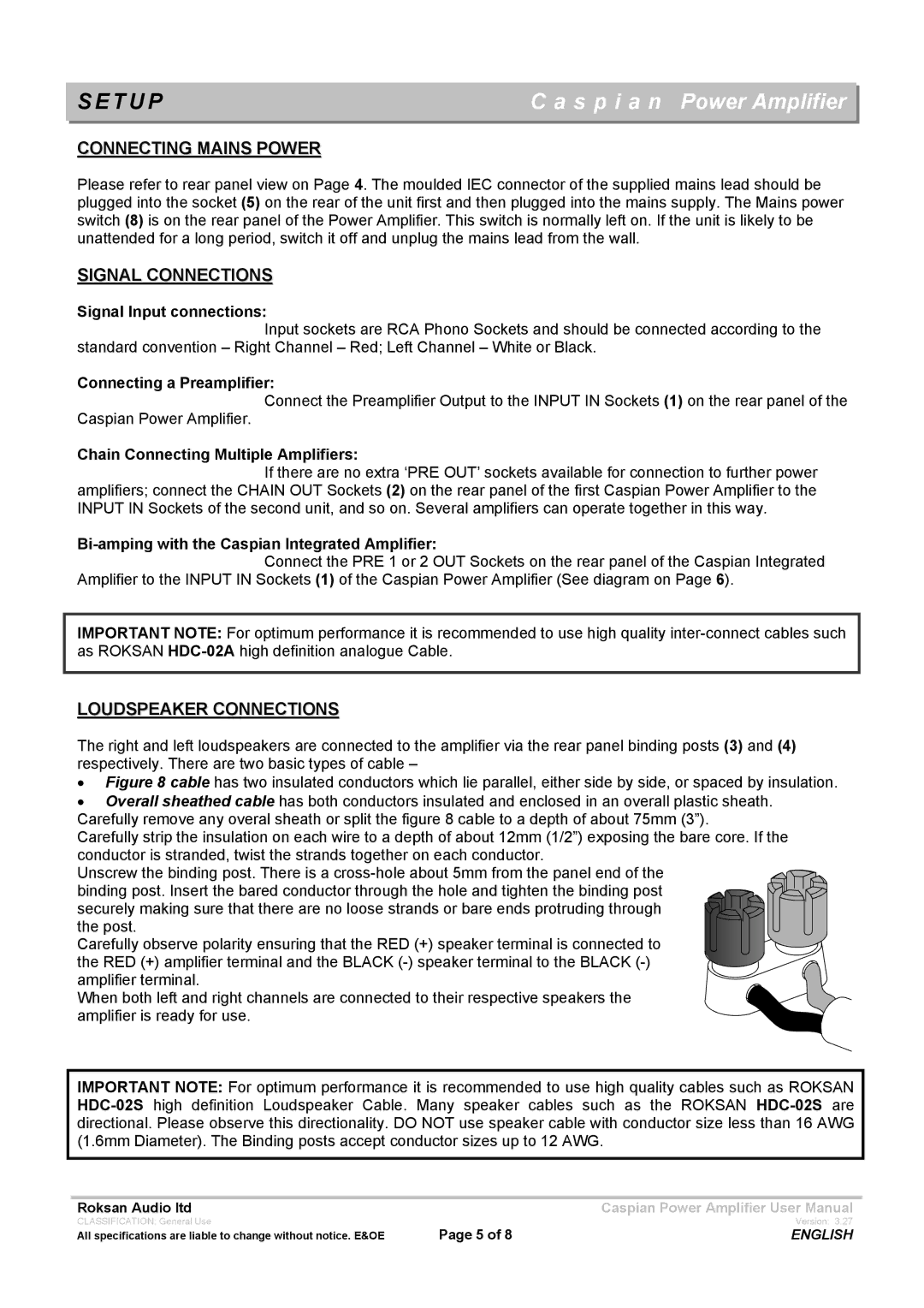 Roksan Audio Mseries-1 user manual T U P, Connecting Mains Power, Signal Connections, Loudspeaker Connections 