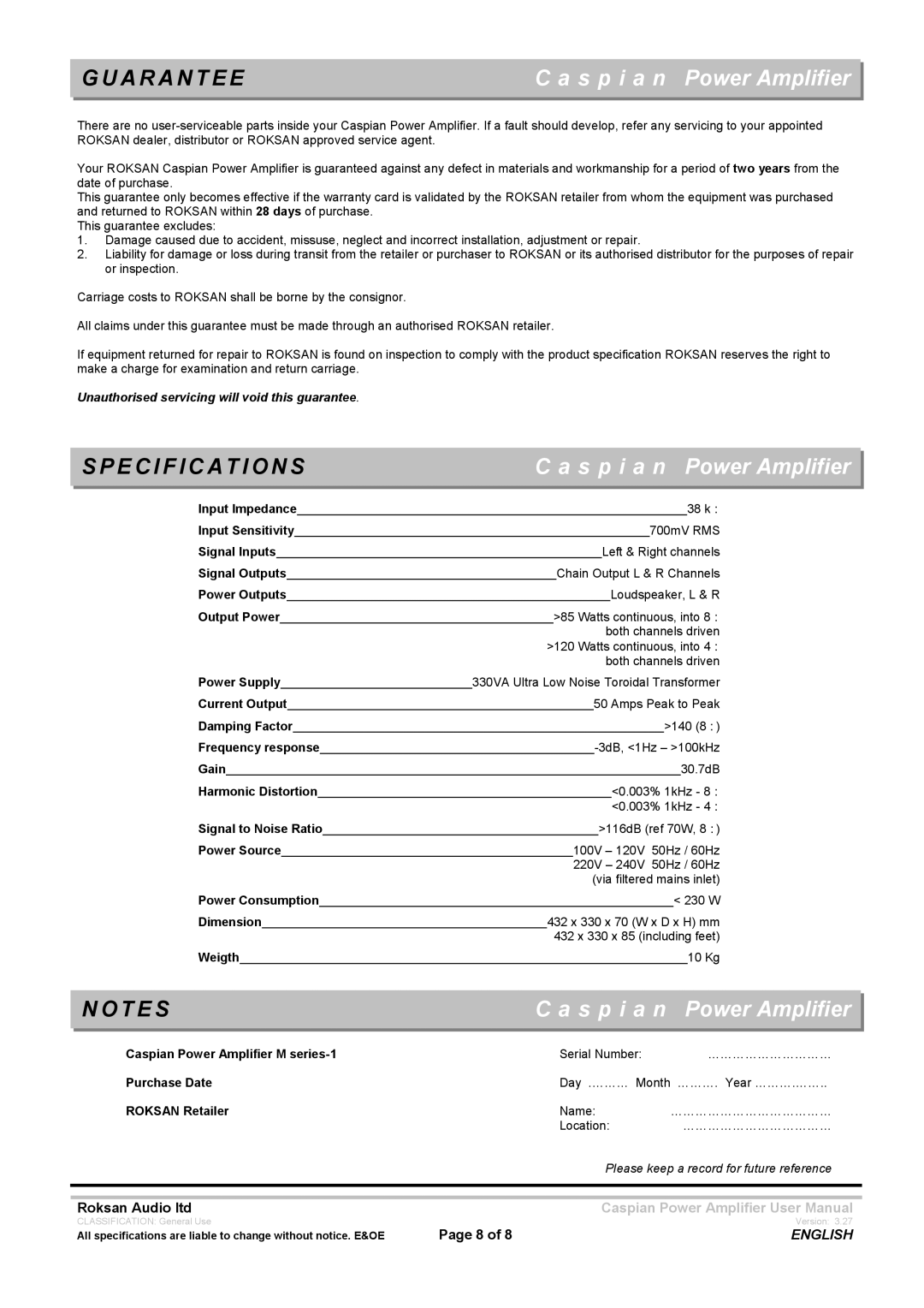 Roksan Audio Mseries-1 user manual A R a N T E E, Specifications 