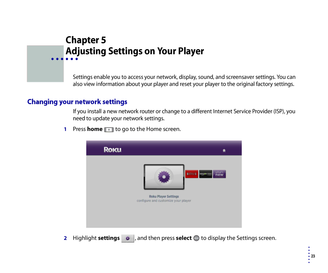 Roku 2500R, 4200R manual Chapter Adjusting Settings on Your Player, Changing your network settings 