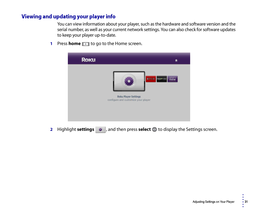 Roku 2500R, 4200R manual Viewing and updating your player info 