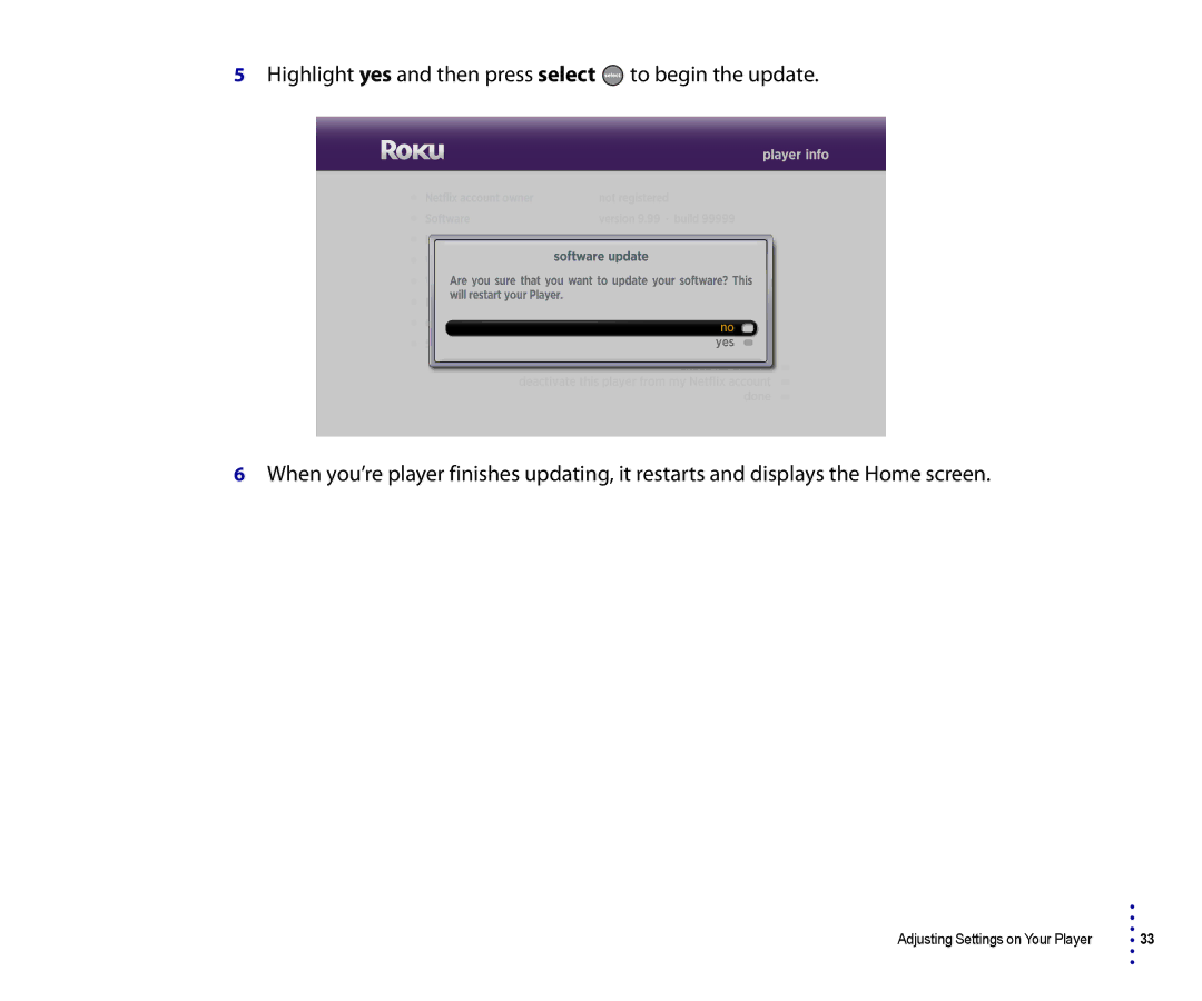 Roku 2500R, 4200R manual Adjusting Settings on Your Player 