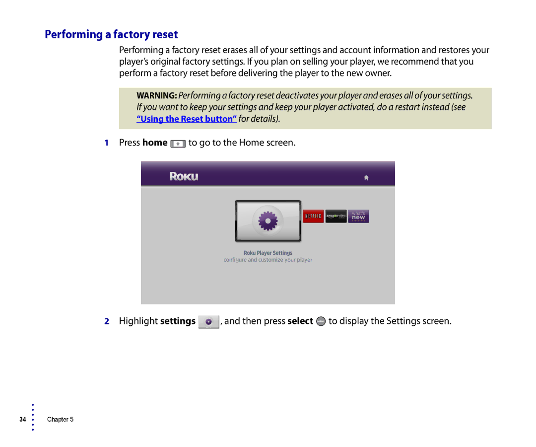 Roku 4200R, 2500R manual Performing a factory reset 