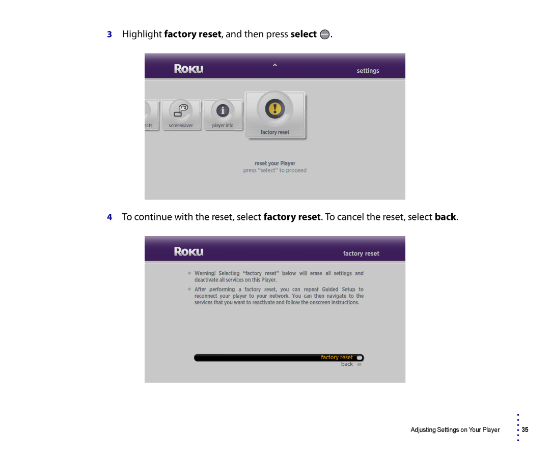 Roku 2500R, 4200R manual Adjusting Settings on Your Player 