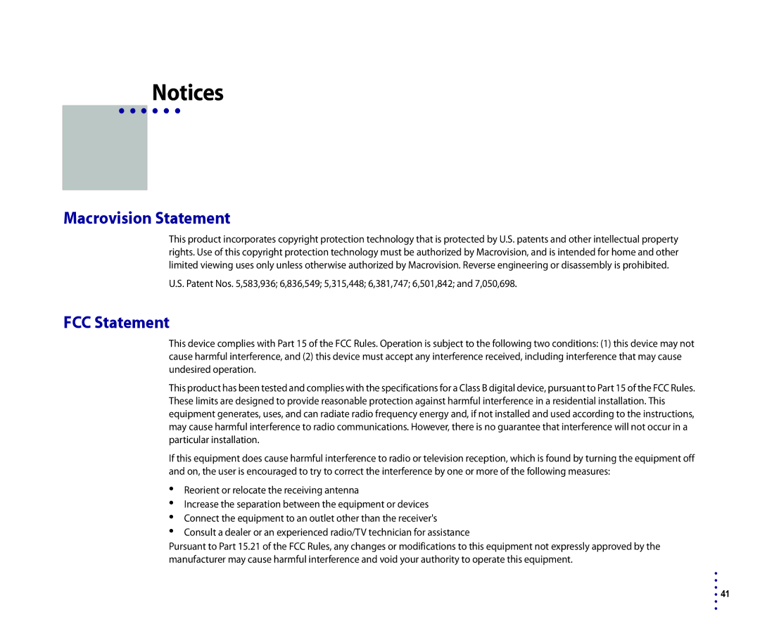 Roku 2500R, 4200R manual Macrovision Statement, FCC Statement 