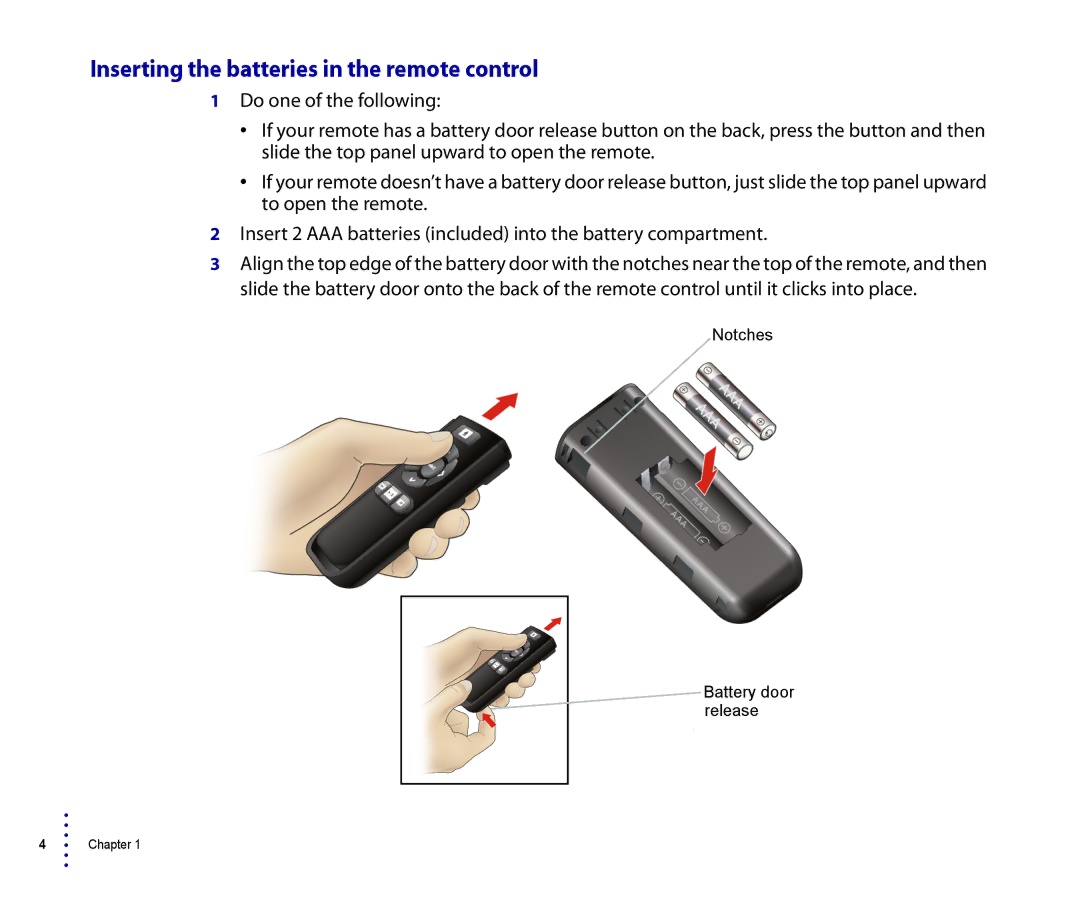 Roku 4200R, 2500R manual Inserting the batteries in the remote control 