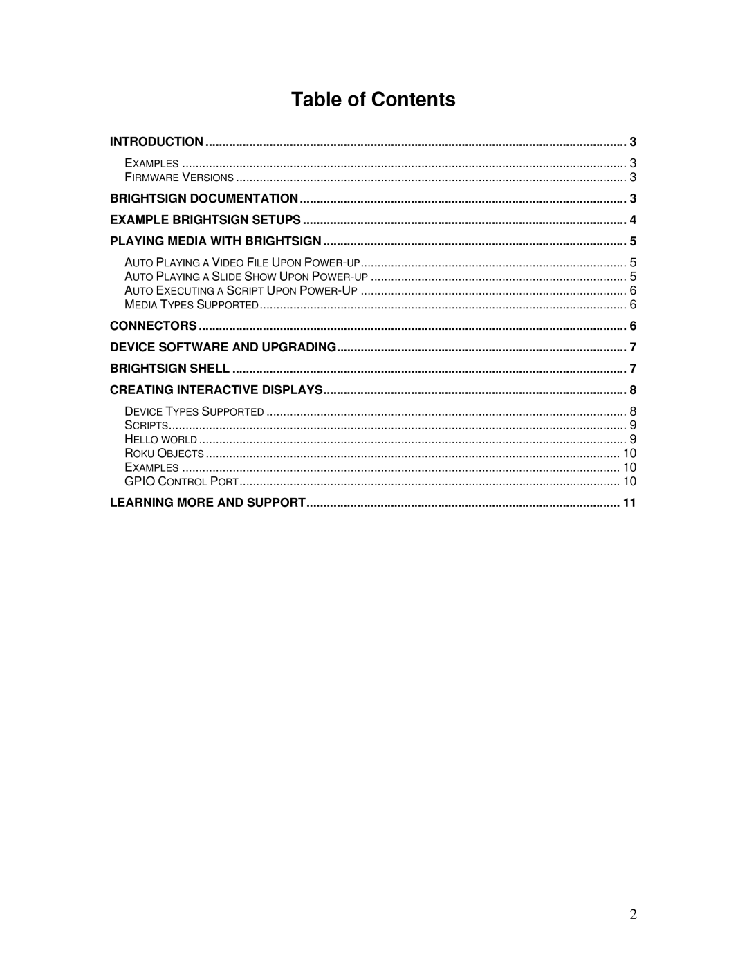 Roku BrightSign manual Table of Contents 