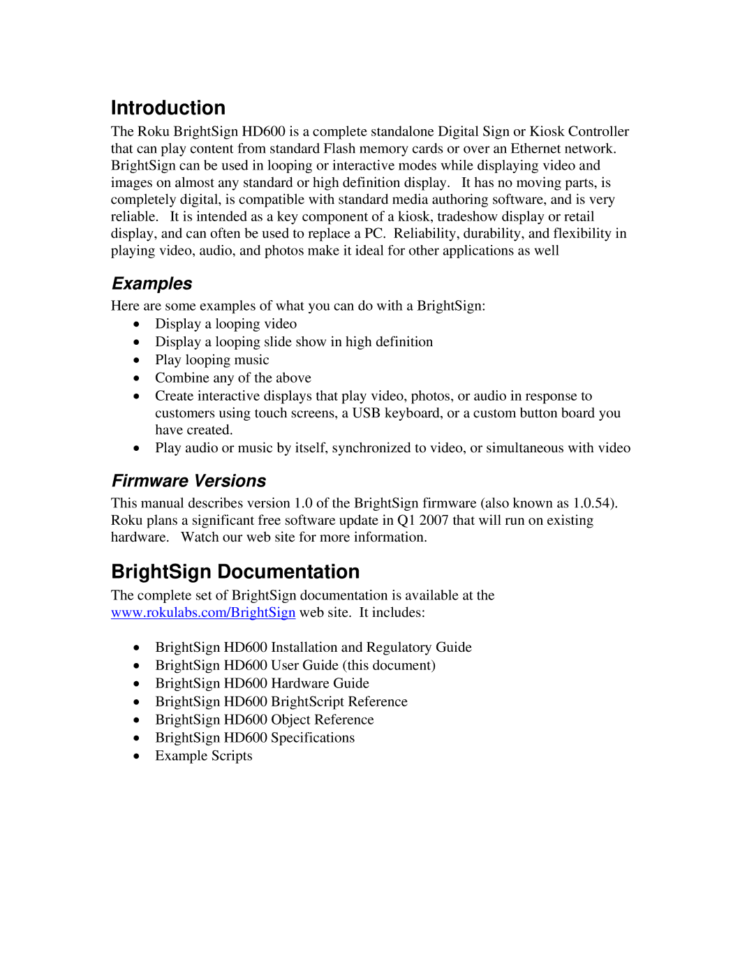 Roku manual Introduction, BrightSign Documentation, Examples, Firmware Versions 