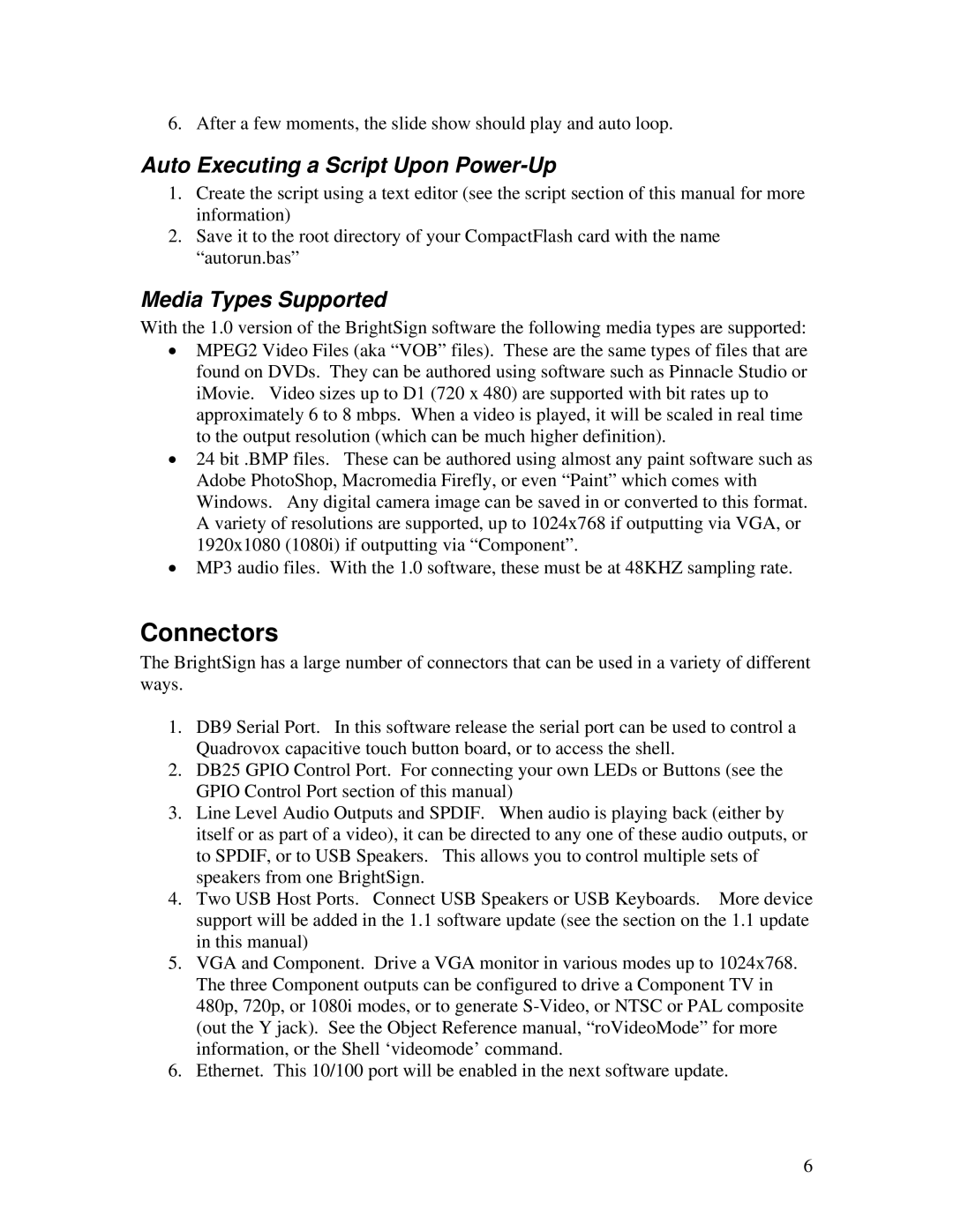 Roku BrightSign manual Connectors, Auto Executing a Script Upon Power-Up, Media Types Supported 