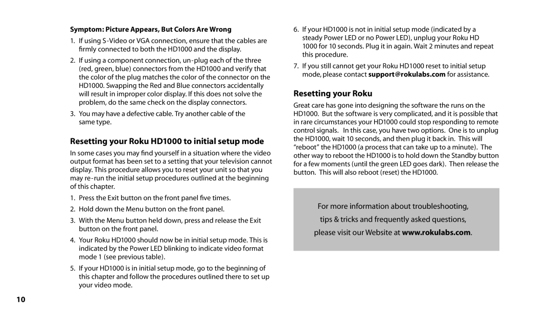 Roku manual Resetting your Roku HD1000 to initial setup mode, Symptom Picture Appears, But Colors Are Wrong 