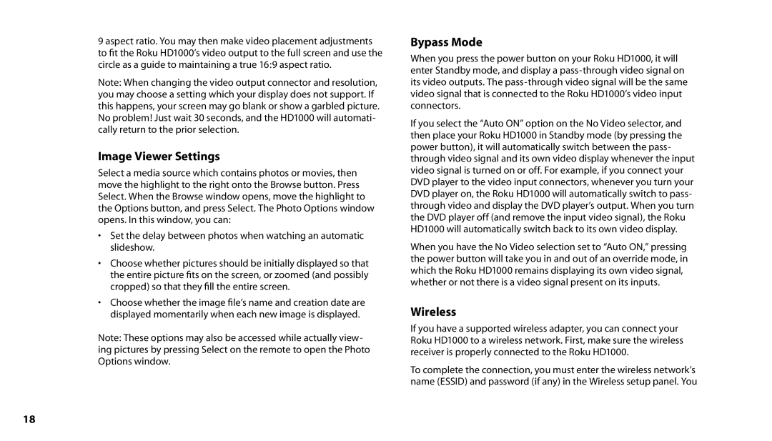 Roku HD1000 manual Image Viewer Settings, Bypass Mode, Wireless 