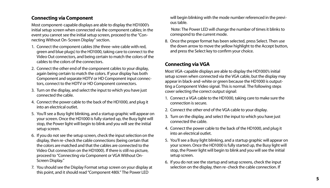 Roku HD1000 manual Connecting via Component, Connecting via VGA 