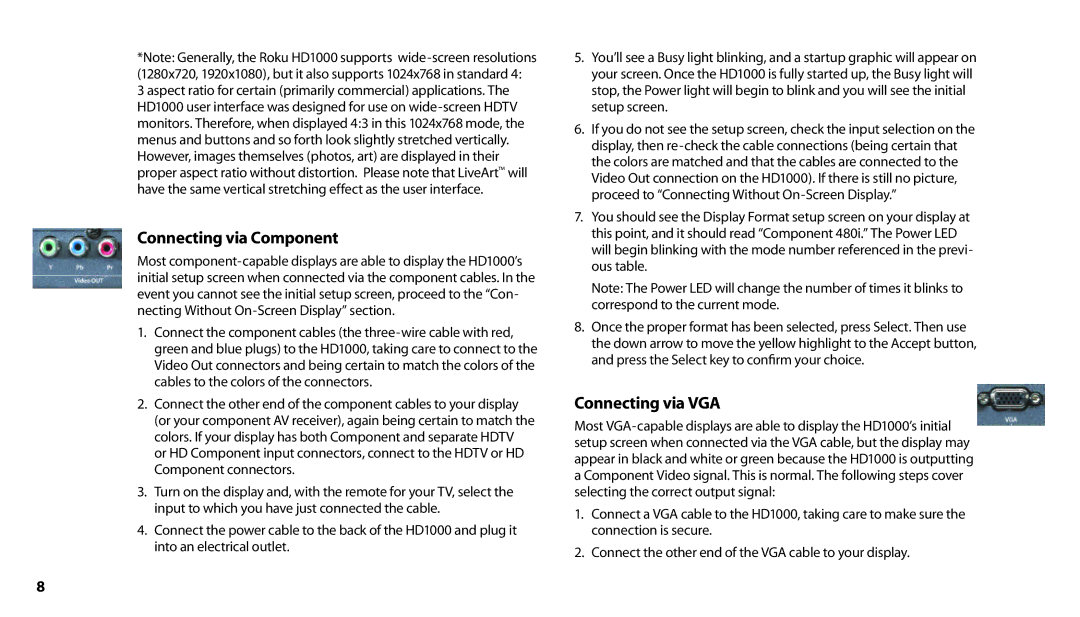 Roku HD1000 manual Connecting via Component, Connecting via VGA 