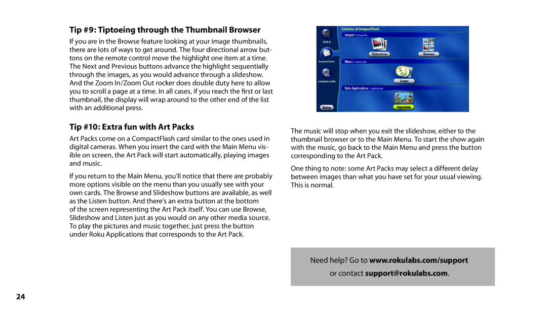 Roku HD1000 manual Tip #9 Tiptoeing through the Thumbnail Browser, Tip #10 Extra fun with Art Packs 