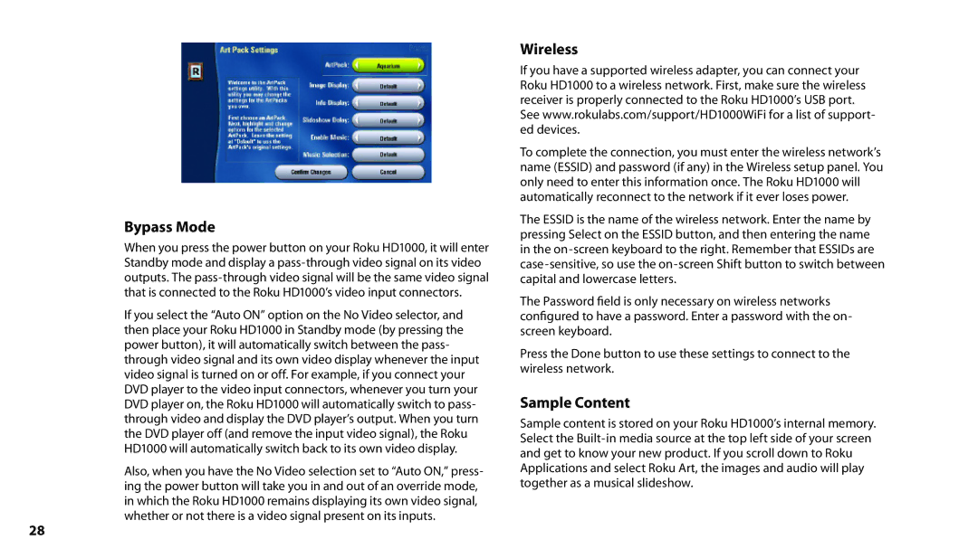 Roku HD1000 manual Bypass Mode, Wireless, Sample Content 