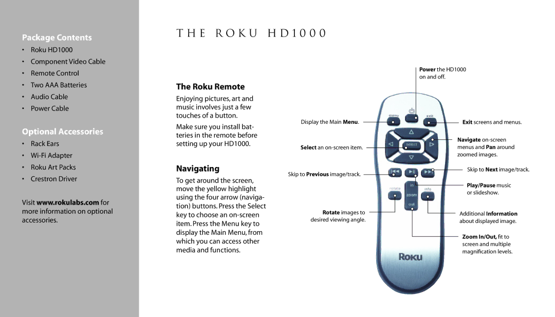 Roku HD1000 manual E R o k u H D 1 0 0, Roku Remote, Navigating 