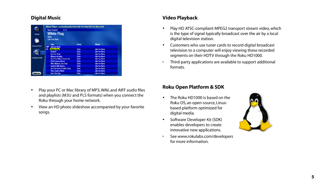 Roku HD1000 manual Digital Music, Video Playback, Roku Open Platform & SDK 
