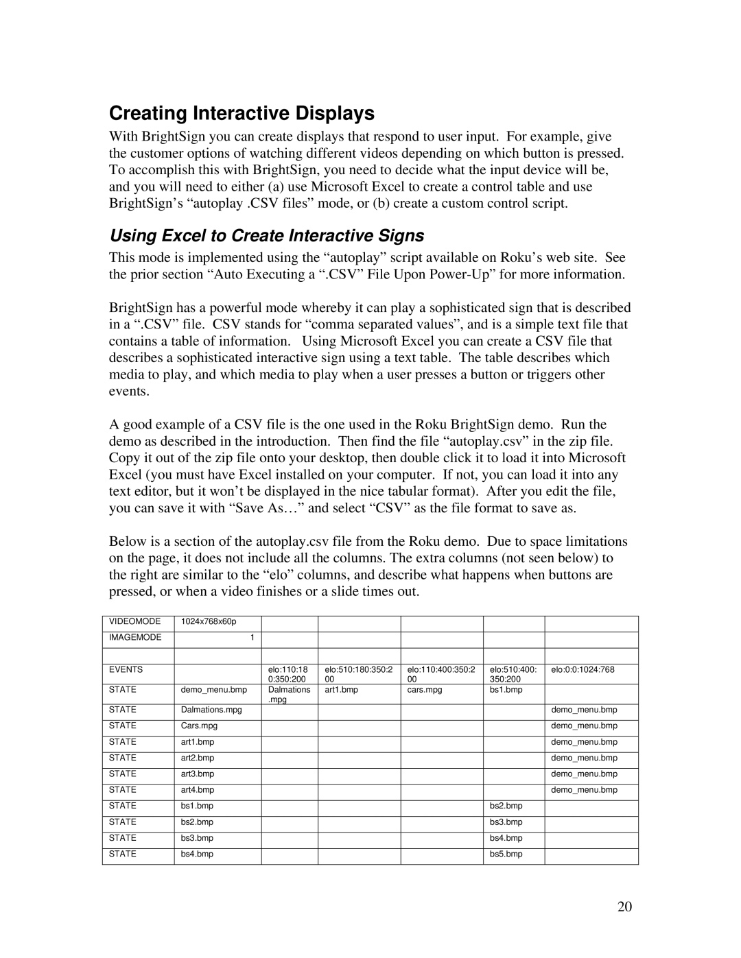 Roku HD2000 manual Creating Interactive Displays, Using Excel to Create Interactive Signs 