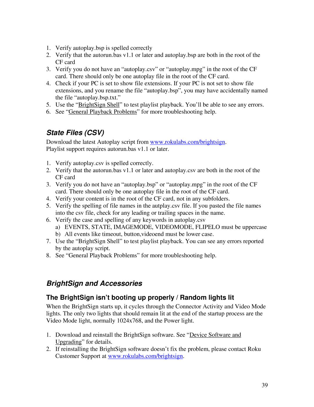 Roku HD2000 manual State Files CSV, BrightSign and Accessories, BrightSign isn’t booting up properly / Random lights lit 