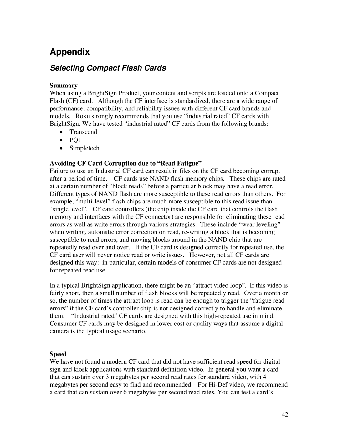 Roku HD2000 manual Appendix, Selecting Compact Flash Cards 