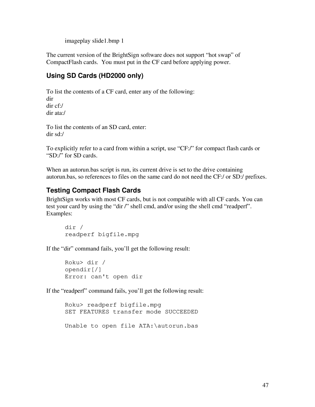 Roku manual Using SD Cards HD2000 only, Testing Compact Flash Cards 