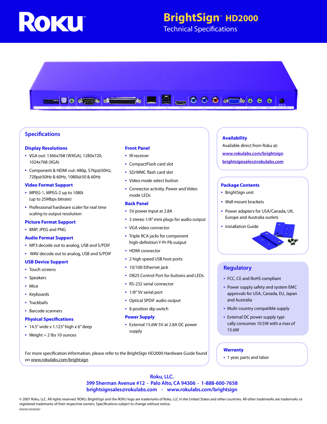 Roku HD2000 manual Specifications, Regulatory 