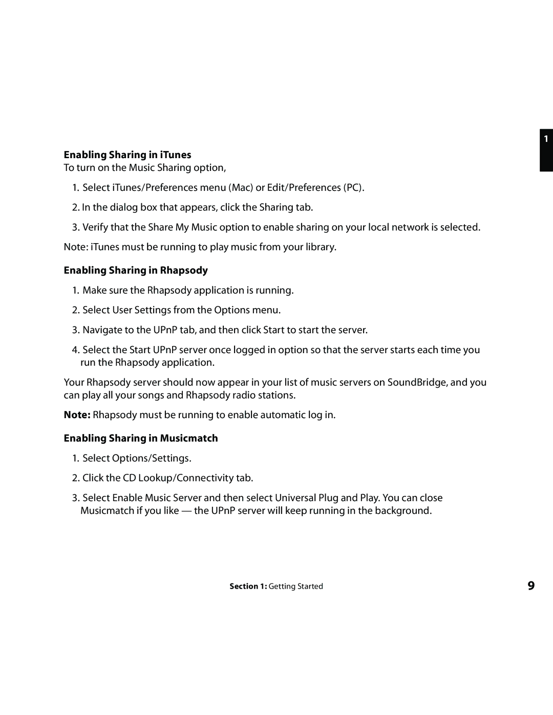 Roku Music Player manual Enabling Sharing in iTunes, Enabling Sharing in Rhapsody, Enabling Sharing in Musicmatch 